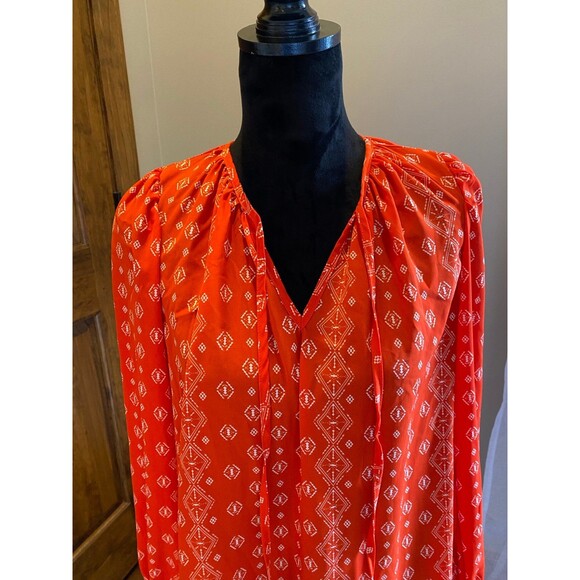 Womens Flowy Boho Size Medium Sheer Orange Long Sleeve Blouse - Picture 3 of 9